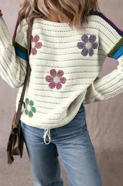 Sale Dear-Lover Daisy Flower Pointelle Knit Sweater White