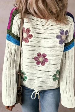 Sale Dear-Lover Daisy Flower Pointelle Knit Sweater White