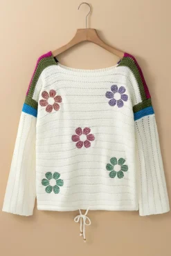 Sale Dear-Lover Daisy Flower Pointelle Knit Sweater White