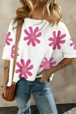 Fashion Dear-Lover Daisy Flower Printed Casual T Shirt White