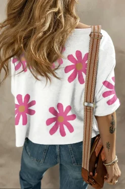 Fashion Dear-Lover Daisy Flower Printed Casual T Shirt White