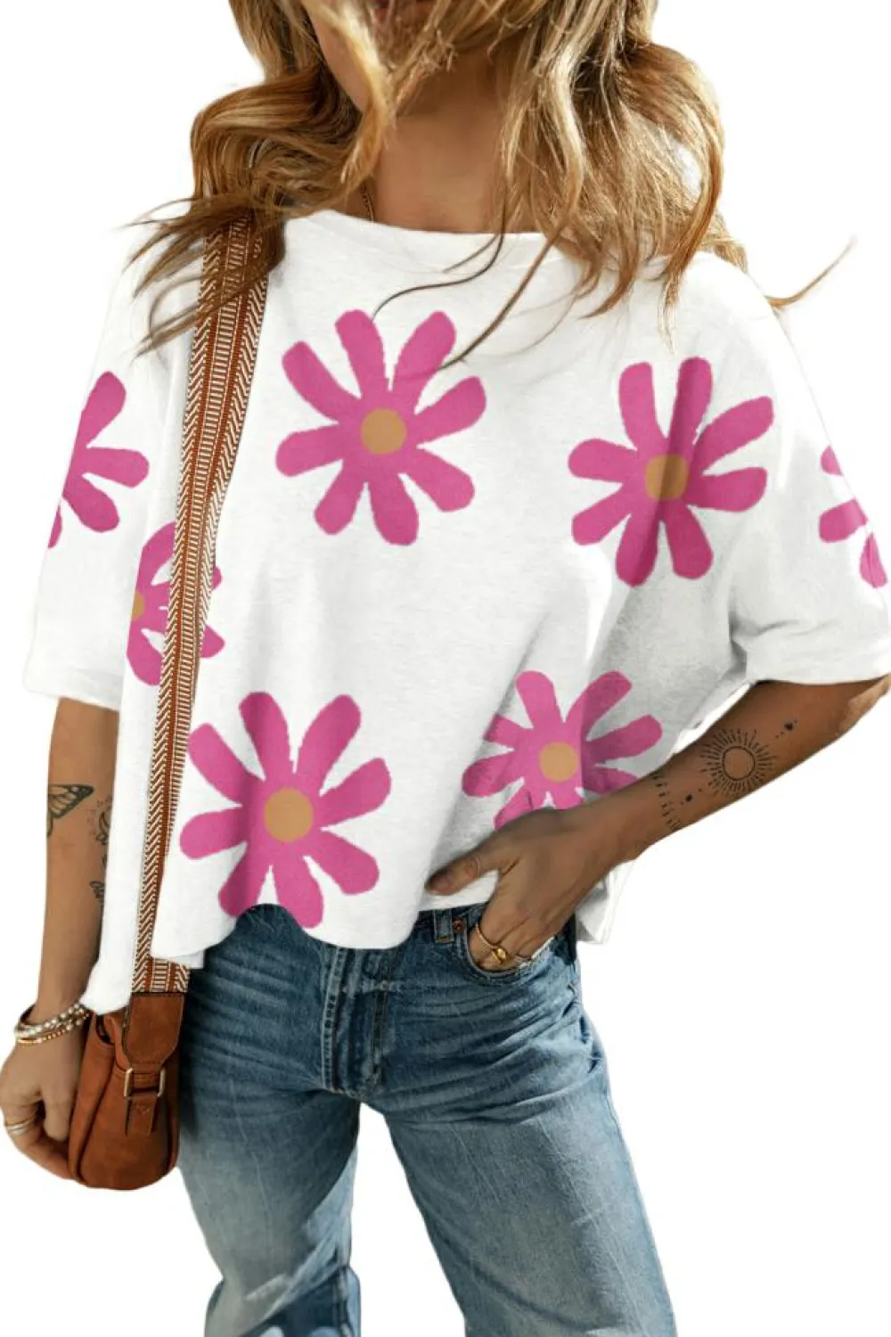 Fashion Dear-Lover Daisy Flower Printed Casual T Shirt White