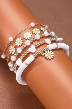 Fashion Dear-Lover Daisy Heart Pearl Beaded Multi Layer Bracelet Set White
