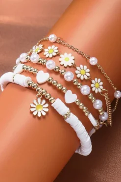Fashion Dear-Lover Daisy Heart Pearl Beaded Multi Layer Bracelet Set White