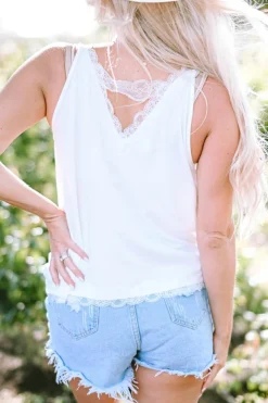 Discount Dear-Lover Delicate Lace Trim Flared Tank Top White
