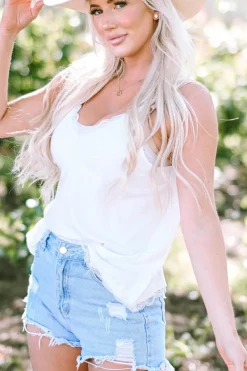 Discount Dear-Lover Delicate Lace Trim Flared Tank Top White