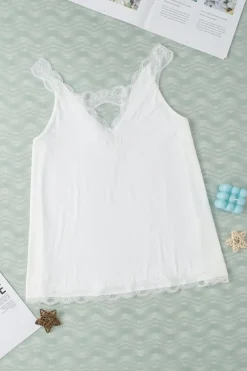 Discount Dear-Lover Delicate Lace Trim Flared Tank Top White