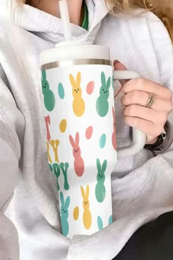 Hot Dear-Lover DONT WORRY BE HOPPY Bunny Print Thermal Tumbler 40oz White