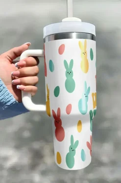 Hot Dear-Lover DONT WORRY BE HOPPY Bunny Print Thermal Tumbler 40oz White