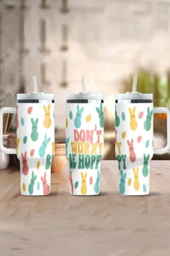 Hot Dear-Lover DONT WORRY BE HOPPY Bunny Print Thermal Tumbler 40oz White