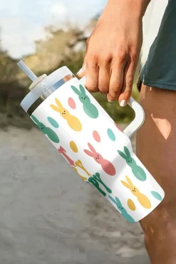Hot Dear-Lover DONT WORRY BE HOPPY Bunny Print Thermal Tumbler 40oz White