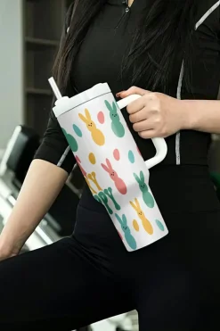 Hot Dear-Lover DONT WORRY BE HOPPY Bunny Print Thermal Tumbler 40oz White