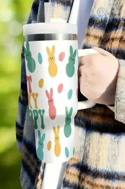 Hot Dear-Lover DONT WORRY BE HOPPY Bunny Print Thermal Tumbler 40oz White
