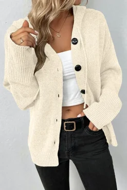Best Dear-Lover Drawstring Hooded Button Up Drop Shoulder Sweater Cardigan White