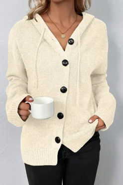 Best Dear-Lover Drawstring Hooded Button Up Drop Shoulder Sweater Cardigan White