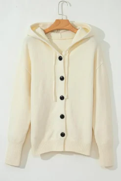 Best Dear-Lover Drawstring Hooded Button Up Drop Shoulder Sweater Cardigan White