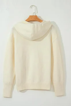 Best Dear-Lover Drawstring Hooded Button Up Drop Shoulder Sweater Cardigan White