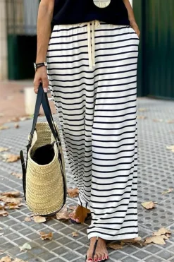Hot Dear-Lover Drawstring Striped Wide Leg Pants White