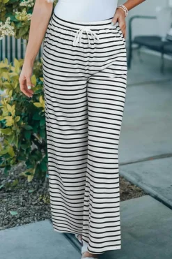 Hot Dear-Lover Drawstring Striped Wide Leg Pants White