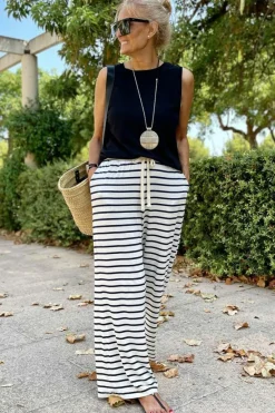Hot Dear-Lover Drawstring Striped Wide Leg Pants White