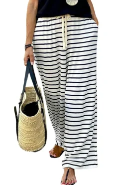Hot Dear-Lover Drawstring Striped Wide Leg Pants White