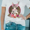 New Dear-Lover Easter Bunny Floral Leopard Graphic Distressed T Shirt White
