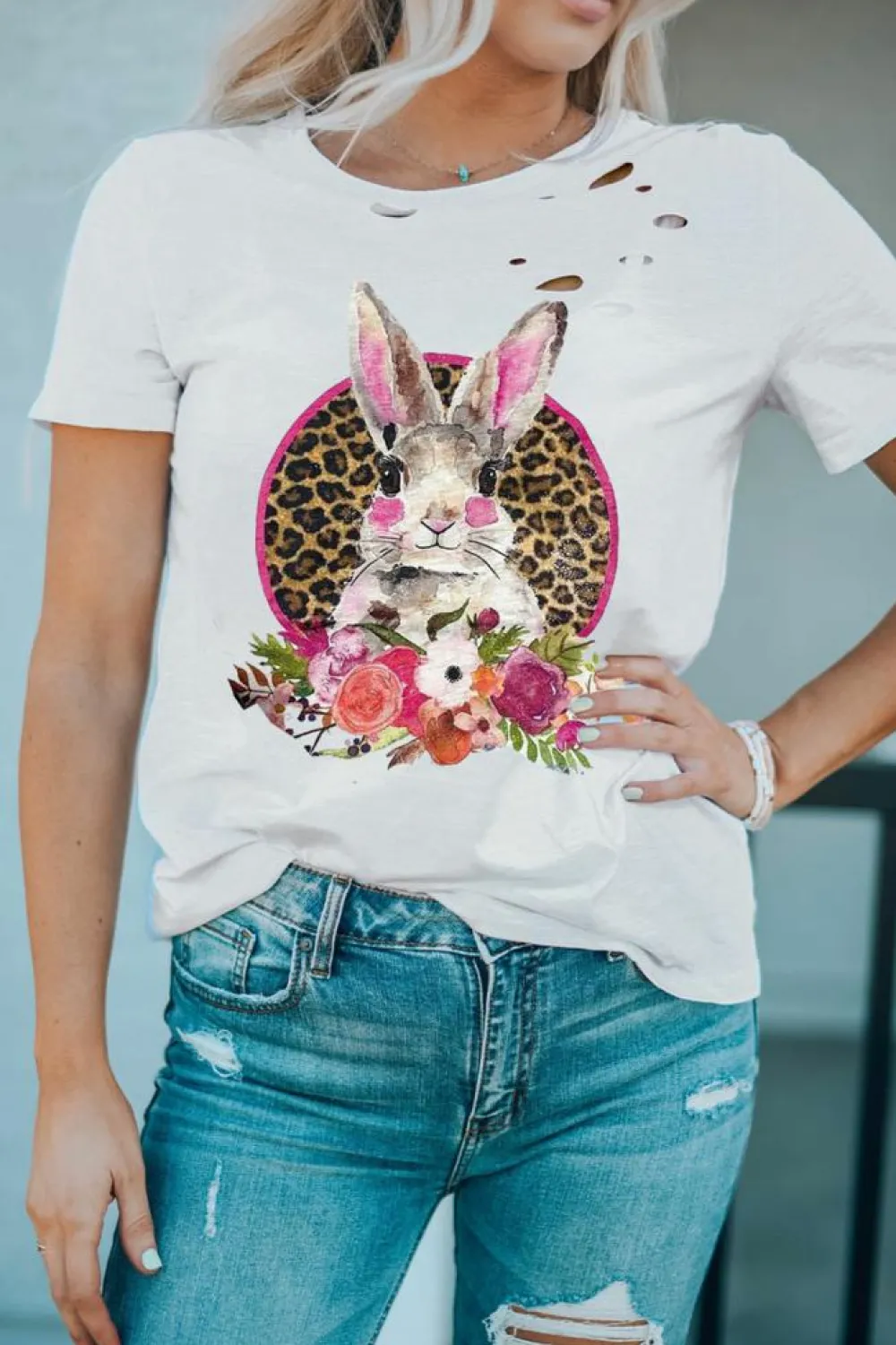 New Dear-Lover Easter Bunny Floral Leopard Graphic Distressed T Shirt White