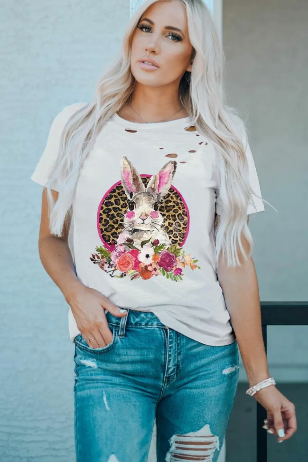 New Dear-Lover Easter Bunny Floral Leopard Graphic Distressed T Shirt White