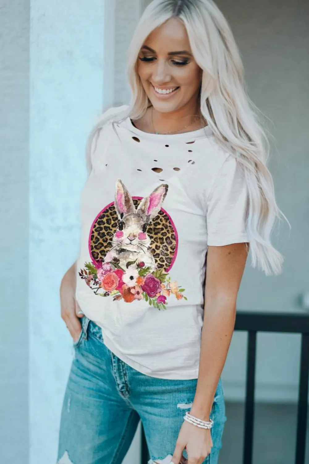 New Dear-Lover Easter Bunny Floral Leopard Graphic Distressed T Shirt White