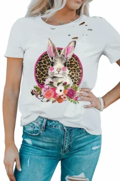 New Dear-Lover Easter Bunny Floral Leopard Graphic Distressed T Shirt White