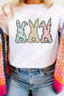 Fashion Dear-Lover Easter Bunny Graphic Crewneck Tee White
