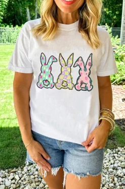 Fashion Dear-Lover Easter Bunny Graphic Crewneck Tee White