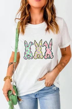 Fashion Dear-Lover Easter Bunny Graphic Crewneck Tee White