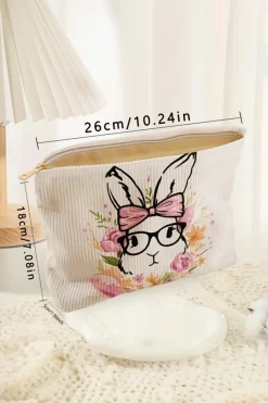 Fashion Dear-Lover Easter Bunny Print Corduroy Makeup Storage Bag White