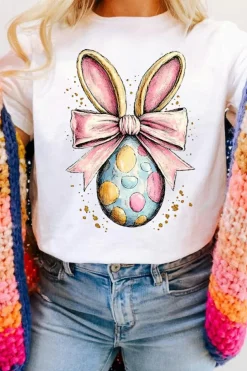 Hot Dear-Lover Easter Egg Bow Bunny Ear Printed T Shirt White