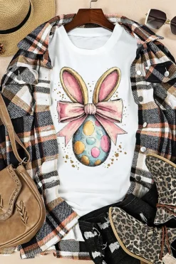 Hot Dear-Lover Easter Egg Bow Bunny Ear Printed T Shirt White