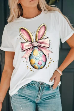 Hot Dear-Lover Easter Egg Bow Bunny Ear Printed T Shirt White