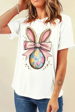 Hot Dear-Lover Easter Egg Bow Bunny Ear Printed T Shirt White