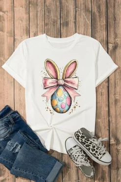 Hot Dear-Lover Easter Egg Bow Bunny Ear Printed T Shirt White