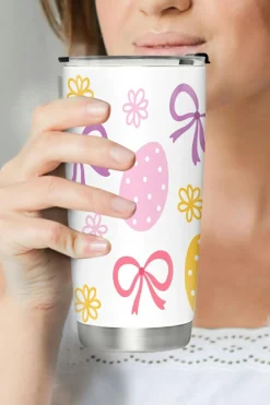 Sale Dear-Lover Easter Eggs Bow Flower Printed Insulated Stainless Steel Thermal Cup White