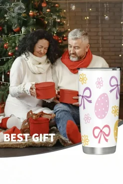 Sale Dear-Lover Easter Eggs Bow Flower Printed Insulated Stainless Steel Thermal Cup White
