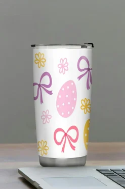 Sale Dear-Lover Easter Eggs Bow Flower Printed Insulated Stainless Steel Thermal Cup White