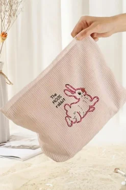 Sale Dear-Lover Easter Rabbit Print Corduroy Makeup Storage Bag White