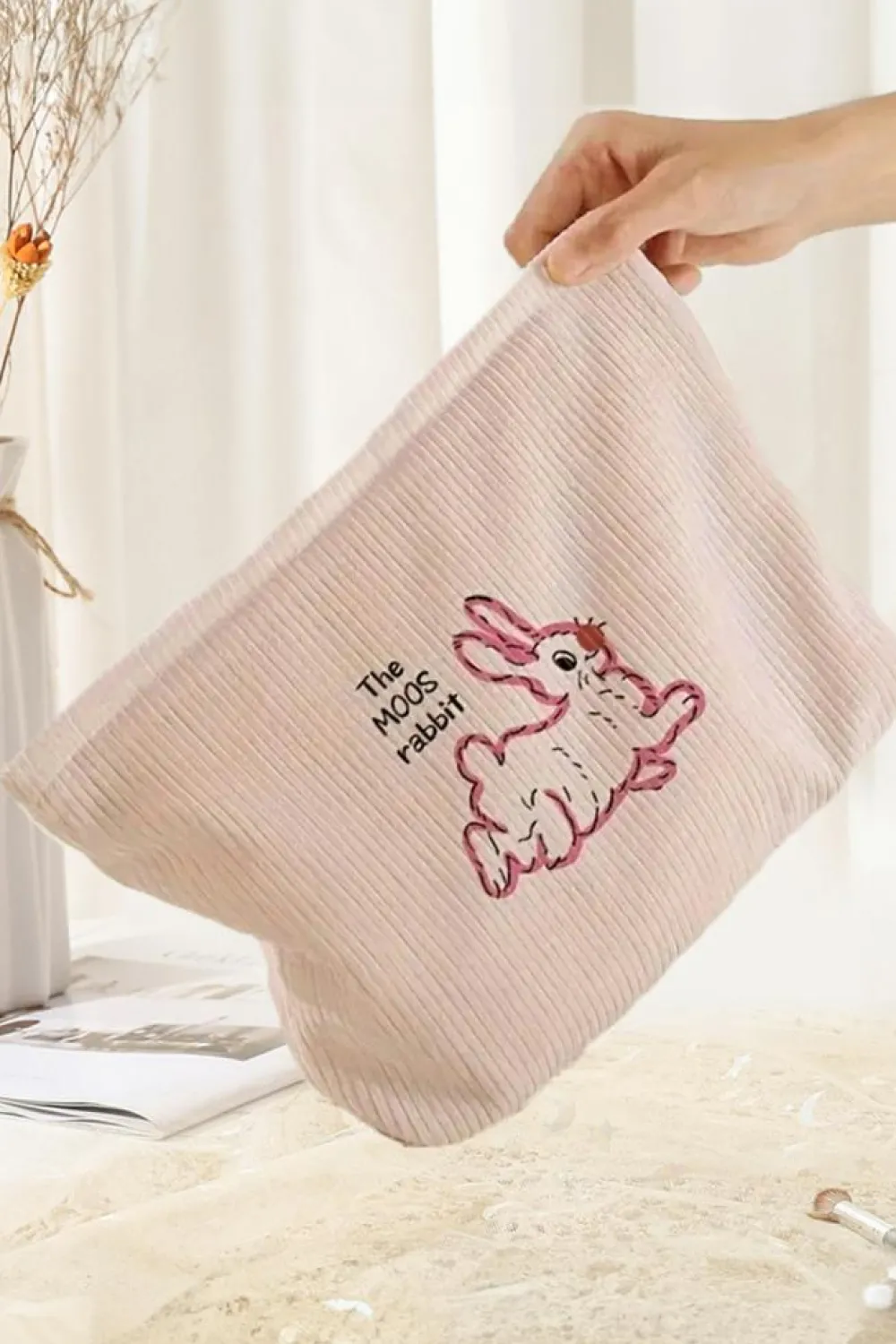 Sale Dear-Lover Easter Rabbit Print Corduroy Makeup Storage Bag White