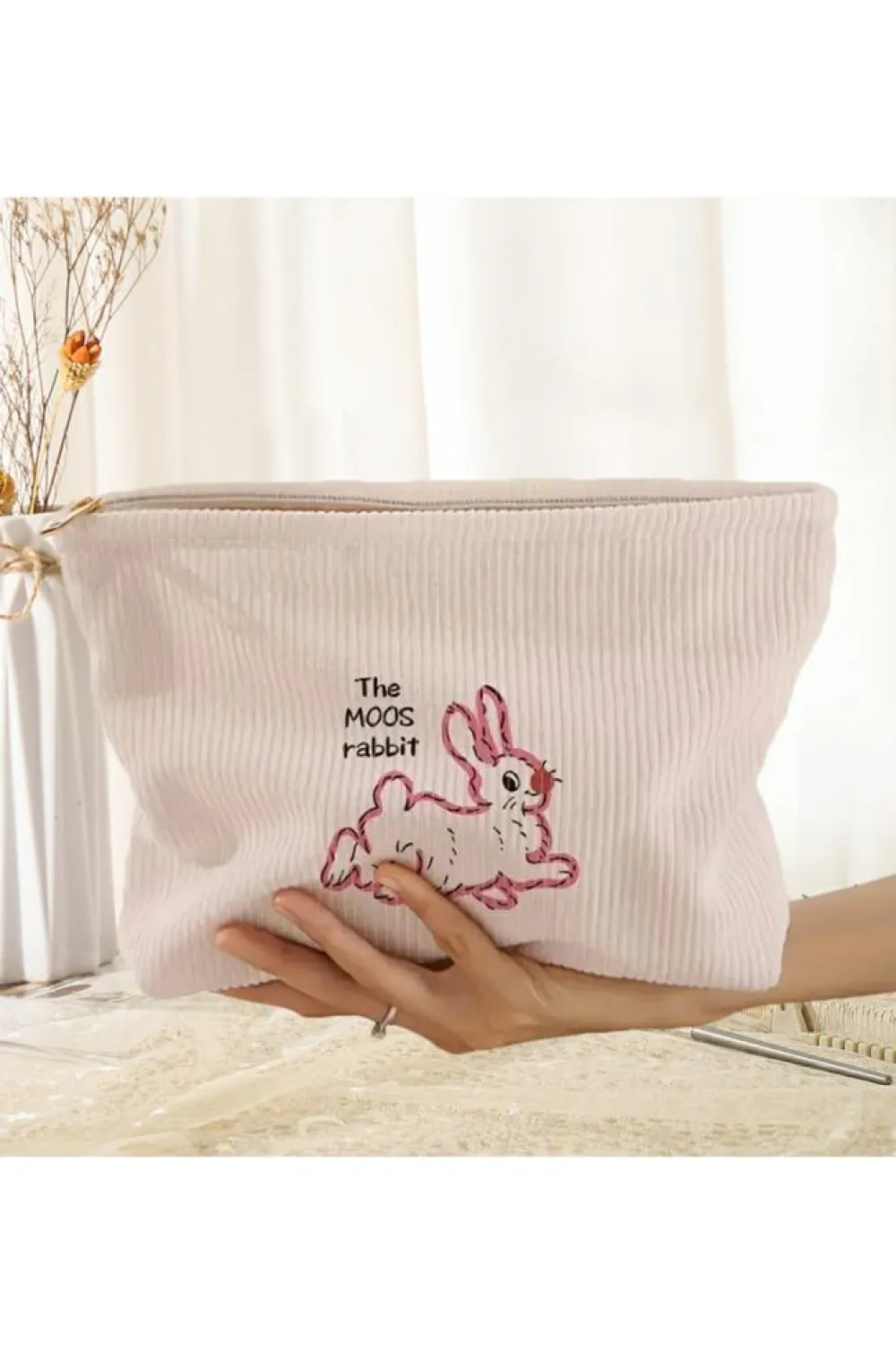 Sale Dear-Lover Easter Rabbit Print Corduroy Makeup Storage Bag White