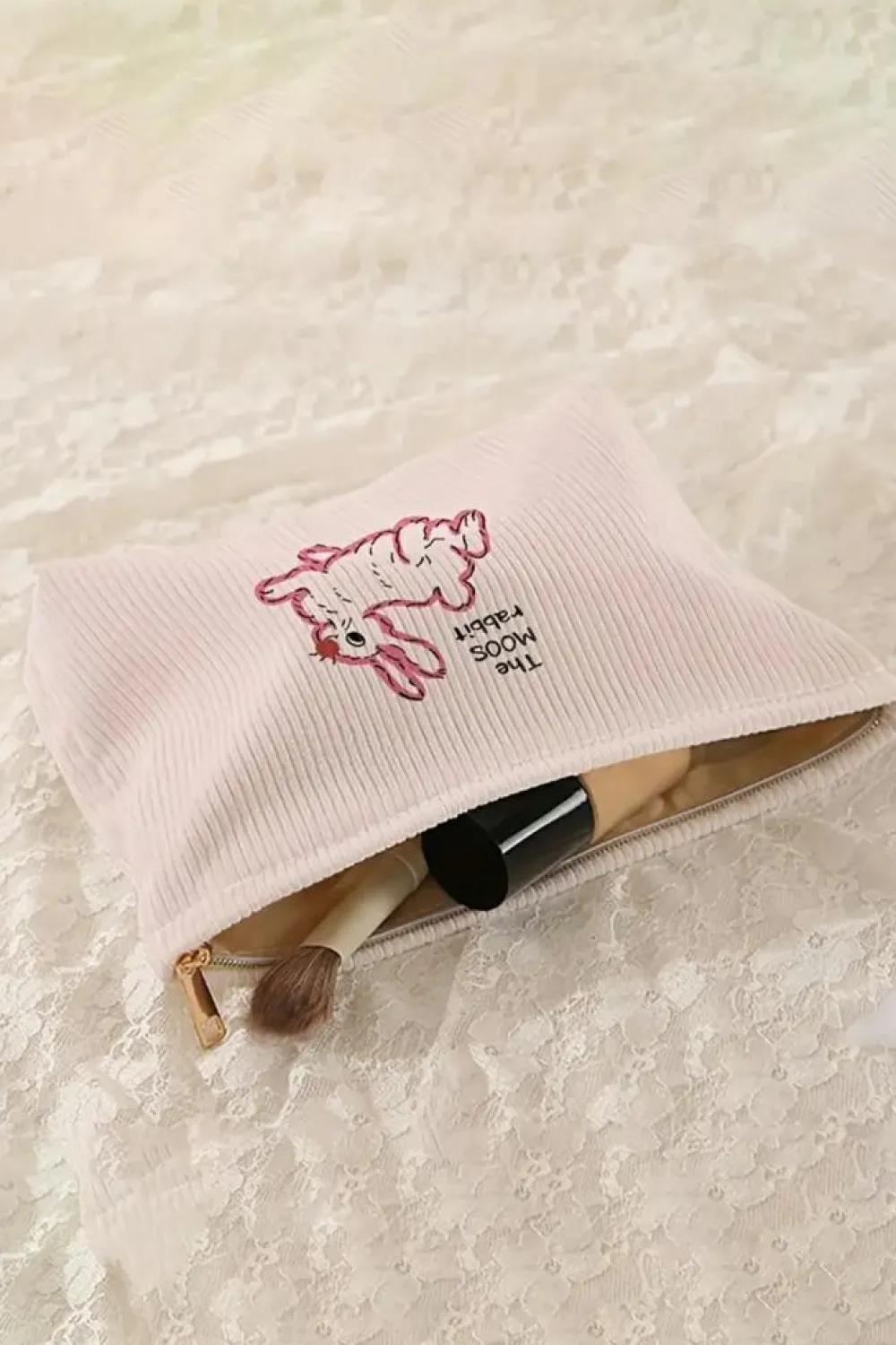 Sale Dear-Lover Easter Rabbit Print Corduroy Makeup Storage Bag White