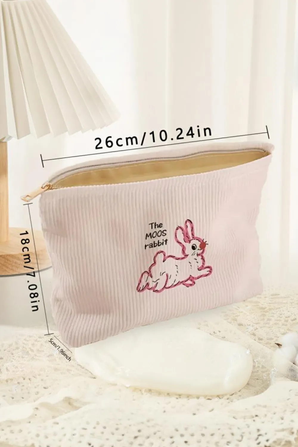 Sale Dear-Lover Easter Rabbit Print Corduroy Makeup Storage Bag White