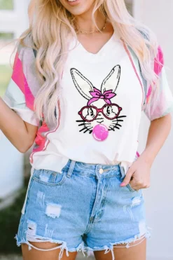 Outlet Dear-Lover Easter Rabbit Striped Sleeve Loose Tee White