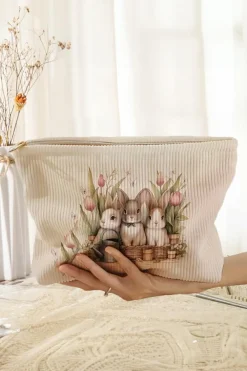Fashion Dear-Lover Eater Bunny Print Corduroy Zipper Cosmetic Bag White