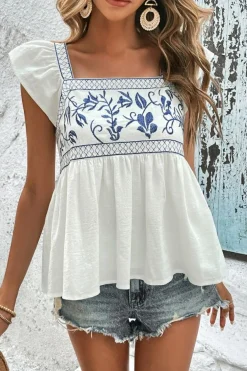 Clearance Dear-Lover Embroidered Bust Square Neck Peplum Blouse White
